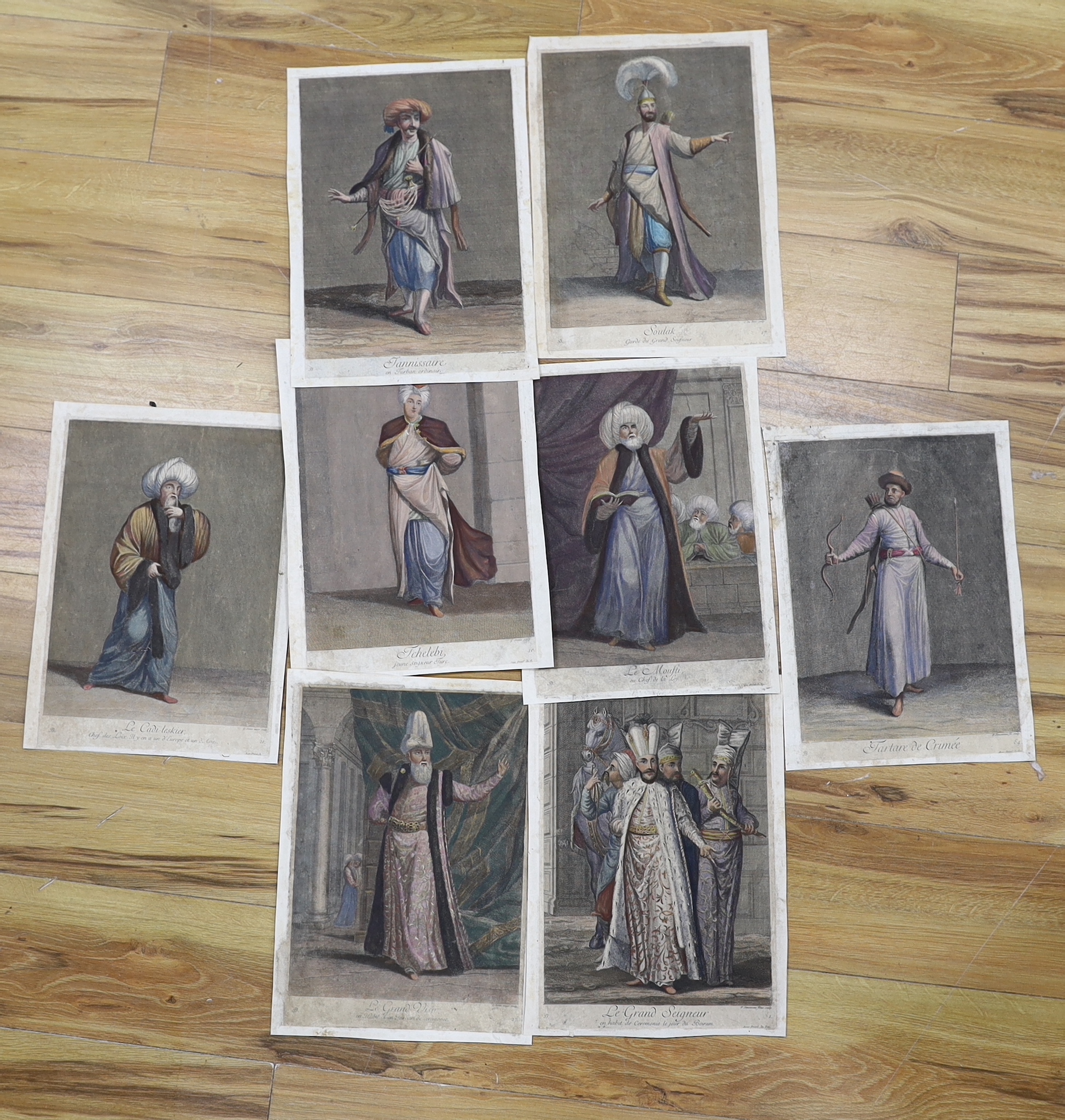 After Jean Baptiste Vanmour (Flemish/French, 1671-1737), a collection of eight hand coloured engravings of Turkish costumes, together with a small collection of hand coloured lithographs relating to Turkey and other Midd